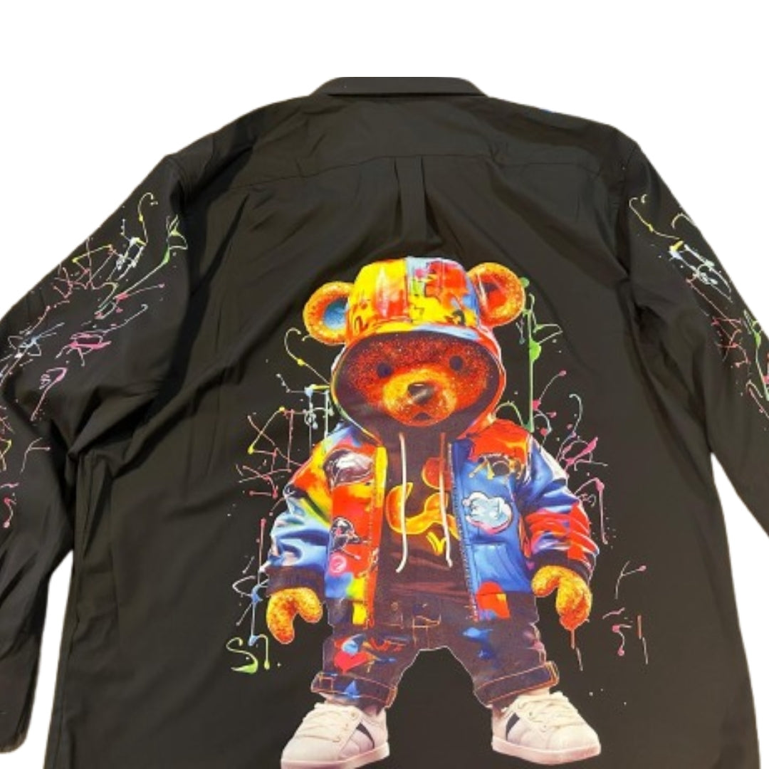 Graffiti Bear Button-Up Shirt, long sleeve graphic tees men